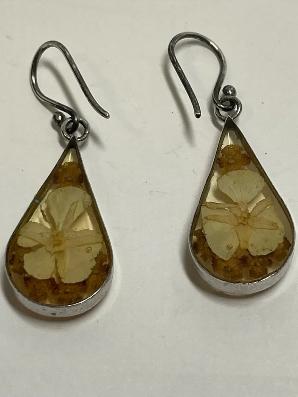 Vintage Sterling Silver 925 Earrings Dried Flowers In Resin Dangle Ati Mexico 5g